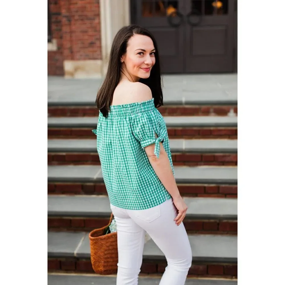 J. Crew White Green Gingham Off the Shoulder Top